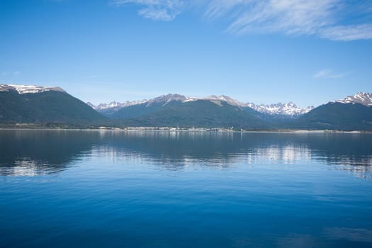 Southernmost city in the world. Puerto Williams cityscape from Beagle channel. Chile landmark