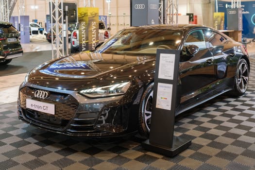 Lisbon, Portugal - May 12, 2023: Audi e-tron GT quattro electric car on display at ECAR SHOW - Hybrid and Electric Motor Show