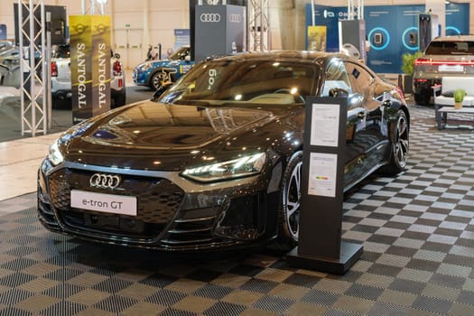 Lisbon, Portugal - May 12, 2023: Audi e-tron GT quattro electric car on display at ECAR SHOW - Hybrid and Electric Motor Show