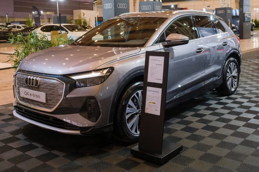 Lisbon, Portugal - May 12, 2023: Audi Q4 e-tron electric car on display at ECAR SHOW - Hybrid and Electric Motor Show