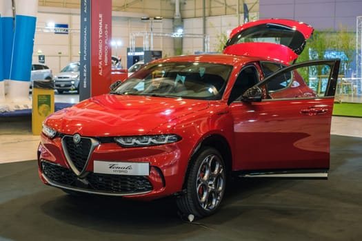 Lisbon, Portugal - May 12, 2023: Alfa Romeo Tonale electric hybrid car on display at ECAR SHOW - Hybrid and Electric Motor Show