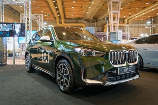 Lisbon, Portugal - May 12, 2023: BMW iX1 electric car on display at ECAR SHOW - Hybrid and Electric Motor Show