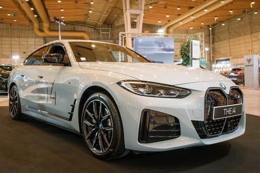 Lisbon, Portugal - May 12, 2023: BMW i4 electric car on display at ECAR SHOW - Hybrid and Electric Motor Show