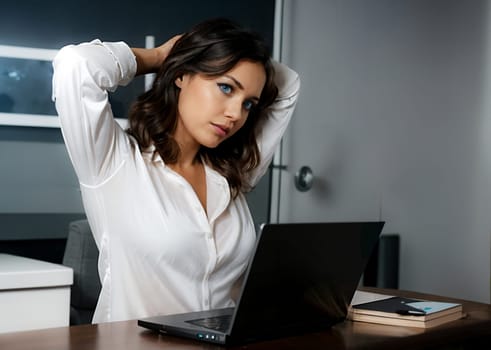 A young woman with blue eyes in her 20s sitting at a desk in an office working on a laptop, wearing a white shirt and looking thoughtful.