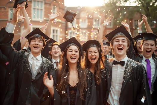 Graduation, Finish Studying, Group of student throwing graduation hats in the air fun, Generative Ai