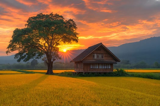 Wooden house, under a big tree in the middle of a rice field, a bright yellow rice field, the sky at sunset, the sun shining, a river flowing through, Homestay  Sustainable travel concept, Generative Ai