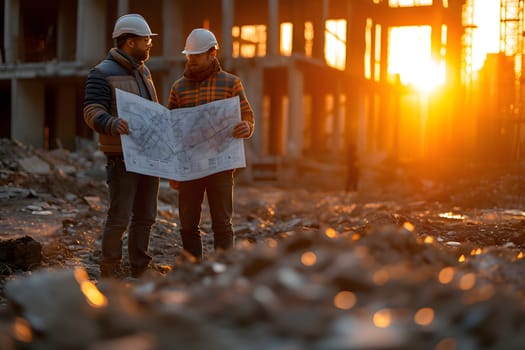 Construction workers on site, Engineer holding diagram are standing there supervising the contruction, Generative Ai