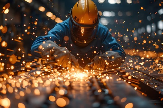 Technician using a Steel cutting machine in factory, Generative Ai