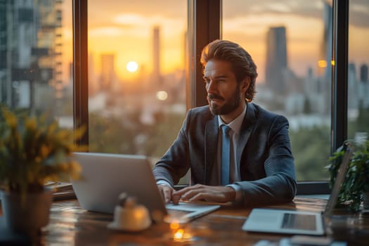 Business man, using a notebook computer in the office, Soft blur building in sunset background, Generative Ai