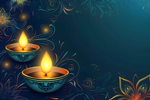 Happy Diwali Candle Lantern Lamp Background, Traditional Diya Clay Lit Lamp Festival, Generative Ai
