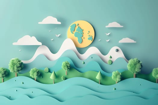 World Environment Day, A world surrounded by lush trees and forests, There's a clear sky It shows the abundance and clean air if everyone helps take care of and preserve the world, Flat design 3d style, Generative Ai