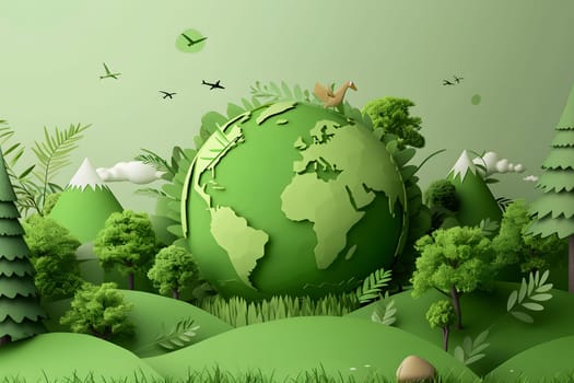 World Environment Day, A world surrounded by lush trees and forests, There's a clear sky It shows the abundance and clean air if everyone helps take care of and preserve the world, Template design 3d style, Generative Ai