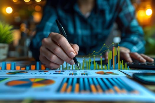 Financial Analyst Concept, Business man hand with focused on financial statistics, charts, and data visualization in a corporate environment, Generative Ai
