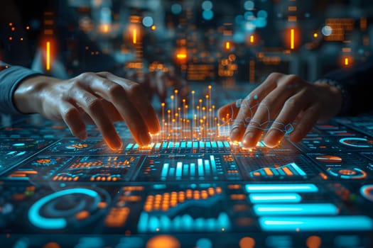Financial, Business Analytics, Technology Concept, Business man hands with focused on financial statistics, charts, and data digital visualization in a corporate environment, Generative Ai