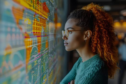 Financial, Business Analytics Concept, Business man hand with focused on financial statistics, charts, and data digital visualization in a corporate environment, Generative Ai