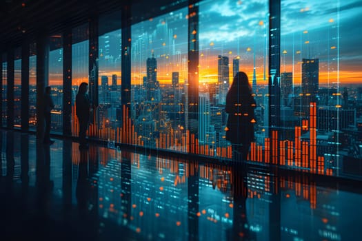 Analyst Financial, Business Technology Concept, Professionals analyzing financial data, with graph and statistics visible, in a busy office setting, Generative Ai