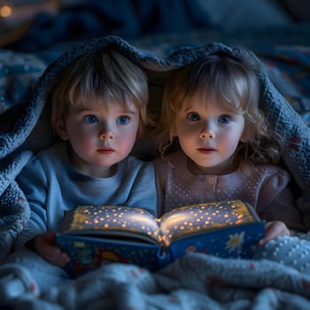 Little Children a boy and a girl is reading a a story magic book under a blanket using the light of a flashlight, Generative Ai