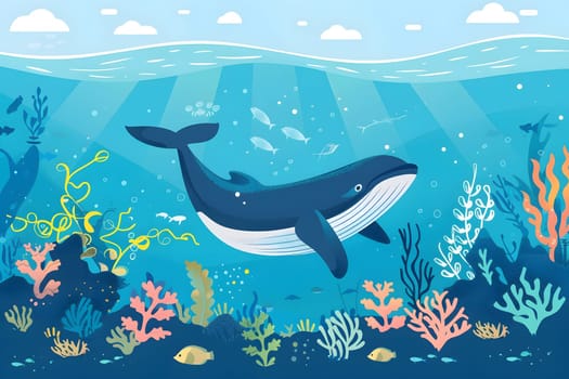 World Oceans Day, Whale, To celebrate and raise awareness of the world's oceans Let's work together to conserve the sea, Flat design, Generative Ai