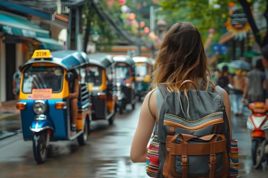 Sustainable transport, Sustainable tourism reduce global warming and save costs, Travel using tuk tuk and walking, American tourist carrying a travel backpack, walking on the road, Generative Ai