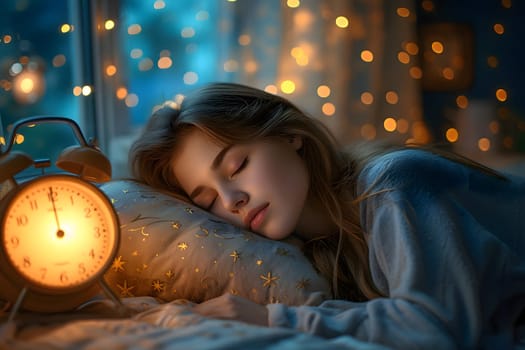 World Sleep Day, Girl sleepping on a soft pillow with alarm clock, Generative Ai