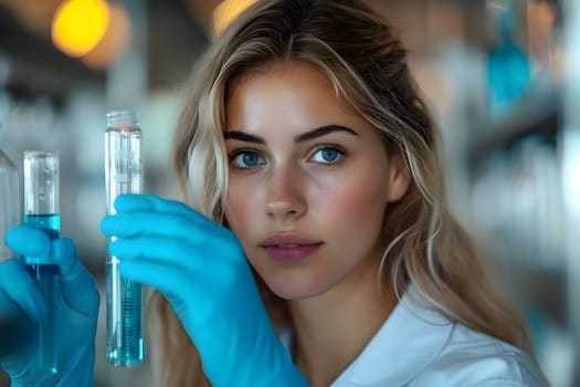 Female scientist holding test tube with solution in blue gloved hands, in research lab, Generative Ai