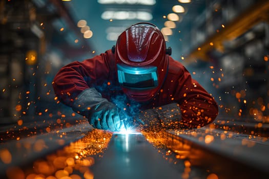 Welder in safety suit welding steel in a large factory, Generative Ai
