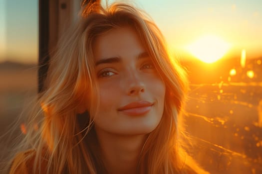 Sustainable Travel, reduces global warming and saves money, Traveling by train, American female tourist sits and admires the nature scenery from the window of a moving train, Generative Ai
