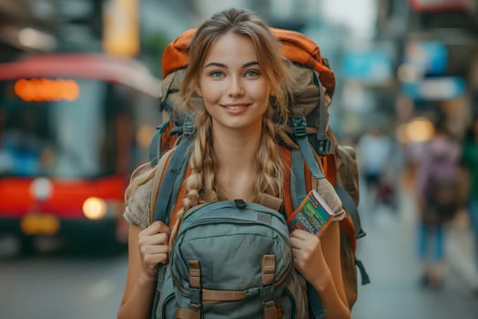 Sustainable transport, Sustainable tourism reduce global warming and save costs, Travel using buses and walking, American female tourist carrying a travel backpack, walking on the road, Generate Ai