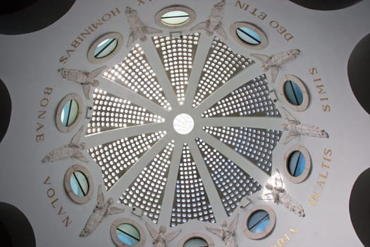 Dome in the church at Shepherds Field showing the roof detail representing the stars in the sky, Bethlehem, Israel