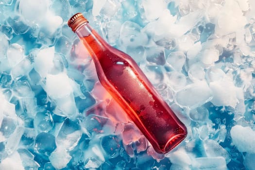 Cold bottle of cold red drink over ice cubes. Food and drink background. AI generated