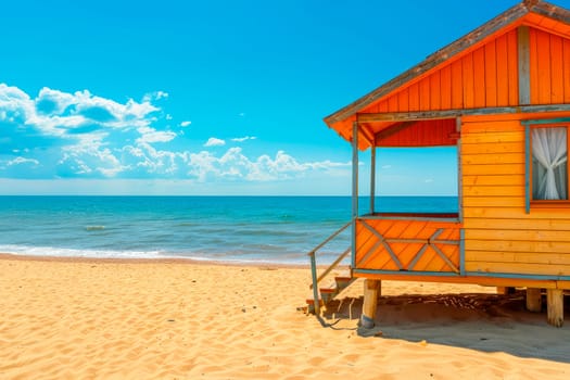 Orange wooden beachhouse on a sandy beach with blue sky and sea view. AI generated