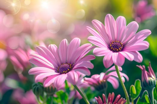 Two pink daisies in a field of pink flowers on sunny summer day. Close-up view. AI generated