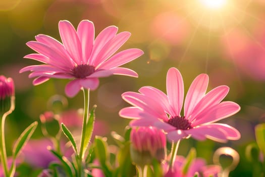 Two pink daisies in a field of pink flowers on sunny summer day. Close-up view. AI generated