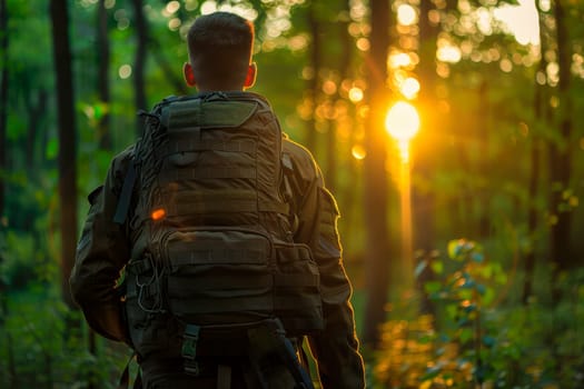 Rear view of man hiker with backpack on a hiking trip in a forest. Travel, adventure and active life concept.AI generated