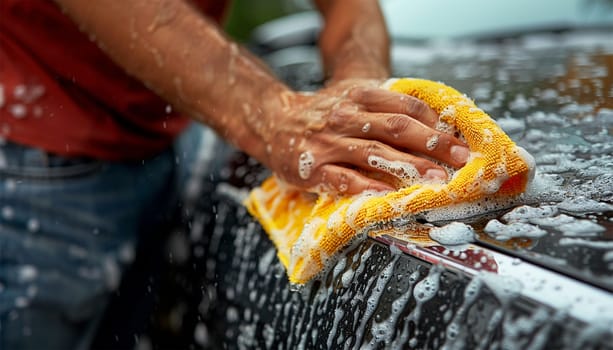 Close-up of car washing process. Unknown man washing his car outside. at the rear wheel of his car, washes the vehicle in the backyard of the house. Car cleaning concept. People and transport Close up