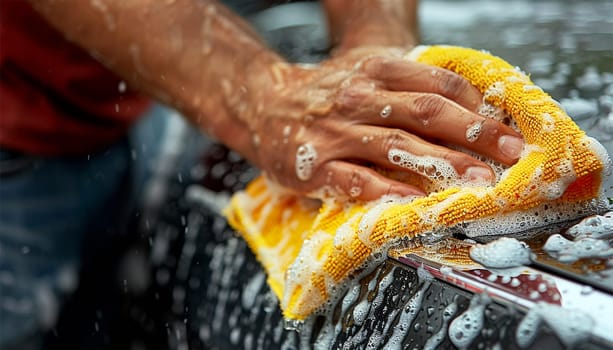Close-up of car washing process. Unknown man washing his car outside. at the rear wheel of his car, washes the vehicle in the backyard of the house. Car cleaning concept. People and transport Close up