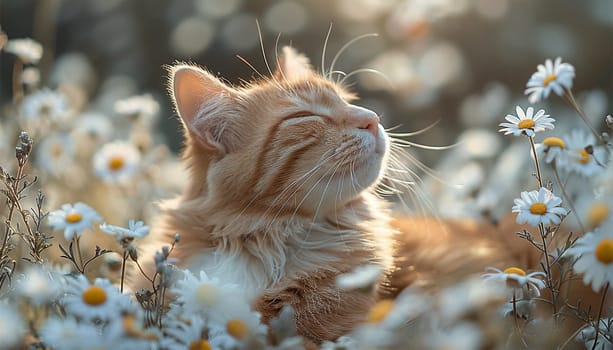 Portrait of a cute tabby cat in grass and flowers. Lies in a spring daisy flower field. Enjoy life! Walking Pets in nature. Wild daisies. Ginger cat playful in nature close up