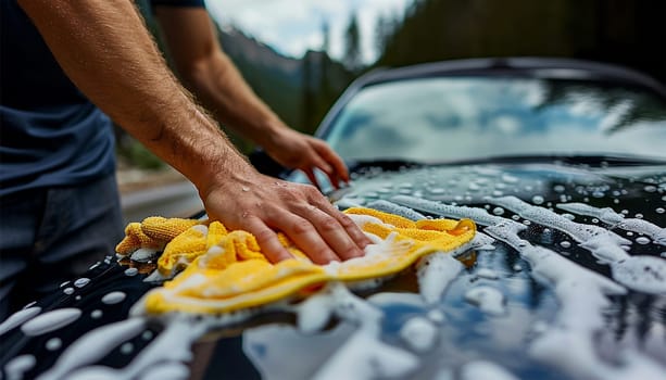 Close-up of car washing process. Unknown man washing his car outside. at the rear wheel of his car, washes the vehicle in the backyard of the house. Car cleaning concept. People and transport Close up