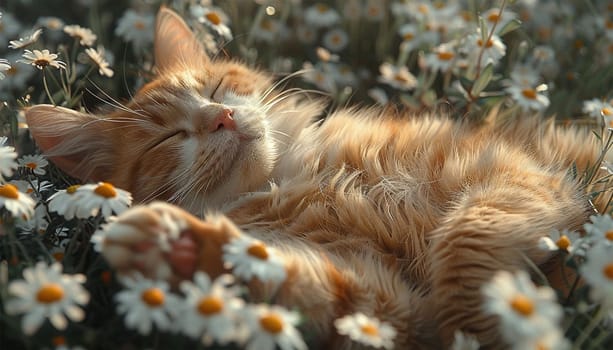 Portrait of a cute tabby cat in grass and flowers. Lies in a spring daisy flower field. Enjoy life! Walking Pets in nature. Wild daisies. Ginger cat playful in nature close up