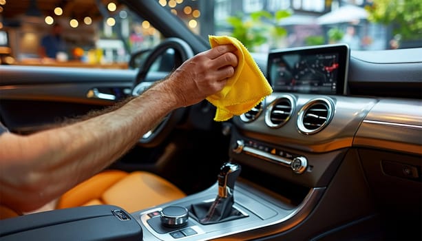 Man cleaning his car interior. Cleaning the car dashboard with yellow cloth. Topical car wash and care. protection of the interior of the automobile. cleaning, health and care concept. Close up