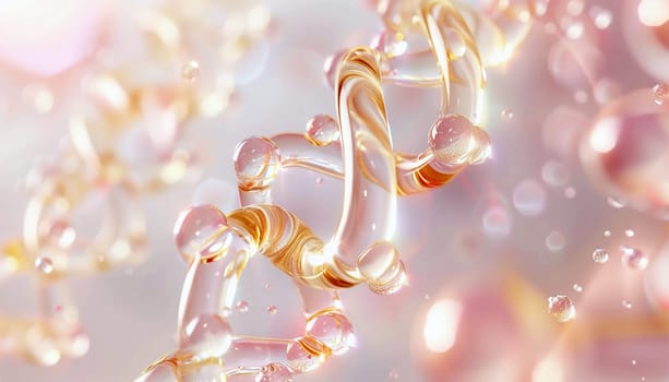 DNA Cosmetics golden serum liquid bubbles abstract background. Cosmetic moisturizer essence gel. Collagen fluid bubble molecule. Moisturizing cream or oil for personal health care and beauty skin concept