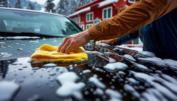 Close-up of car washing process. Unknown man washing his car outside. at the rear wheel of his car, washes the vehicle in the backyard of the house. Car cleaning concept. People and transport Close up