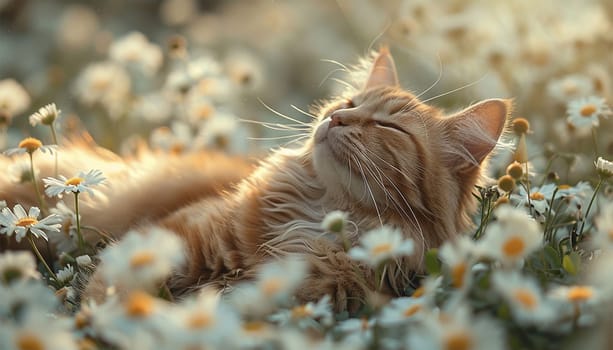 Portrait of a cute tabby cat in grass and flowers. Lies in a spring daisy flower field. Enjoy life! Walking Pets in nature. Wild daisies. Ginger cat playful in nature close up
