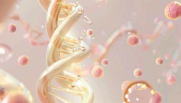 DNA Cosmetics golden serum liquid bubbles abstract background. Cosmetic moisturizer essence gel. Collagen fluid bubble molecule. Moisturizing cream or oil for personal health care and beauty skin concept