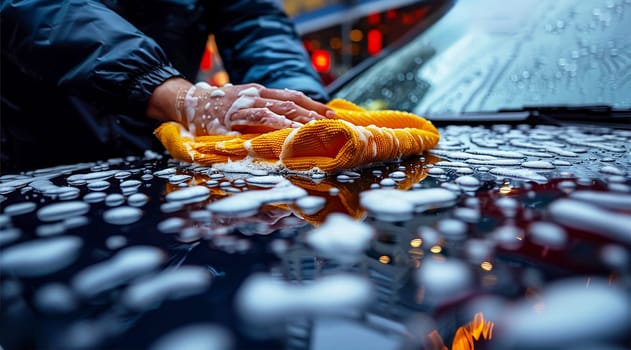 Close-up of car washing process. Unknown man washing his car outside. at the rear wheel of his car, washes the vehicle in the backyard of the house. Car cleaning concept. People and transport Close up