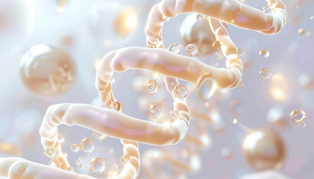 DNA Cosmetics golden serum liquid bubbles abstract background. Cosmetic moisturizer essence gel. Collagen fluid bubble molecule. Moisturizing cream or oil for personal health care and beauty skin concept