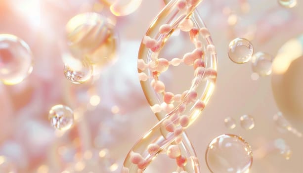 DNA Cosmetics golden serum liquid bubbles abstract background. Cosmetic moisturizer essence gel. Collagen fluid bubble molecule. Moisturizing cream or oil for personal health care and beauty skin concept