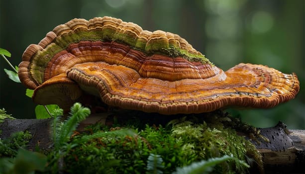 Ganoderma lucidum(Reishi mushroom),reddish laccate mushrooms on decaying hardwood trees in nature. Autumn forest background copy space Space for text