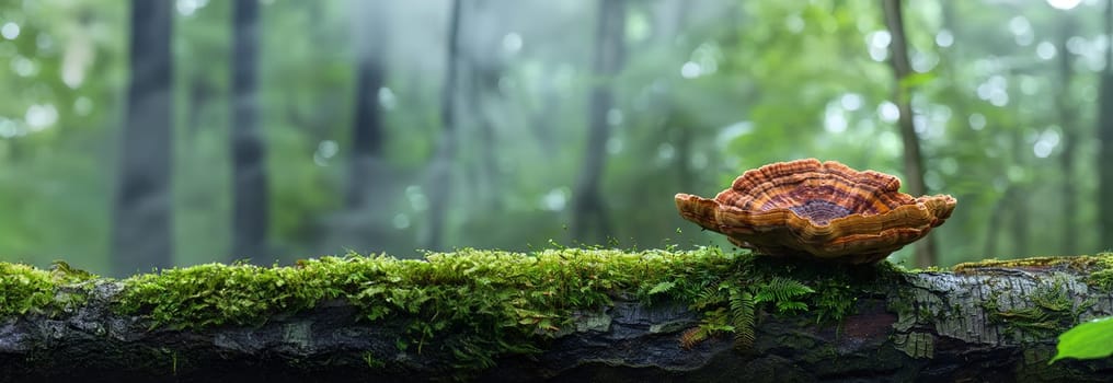 Ganoderma lucidum(Reishi mushroom),reddish laccate mushrooms on decaying hardwood trees in nature. Autumn forest background copy space Space for text