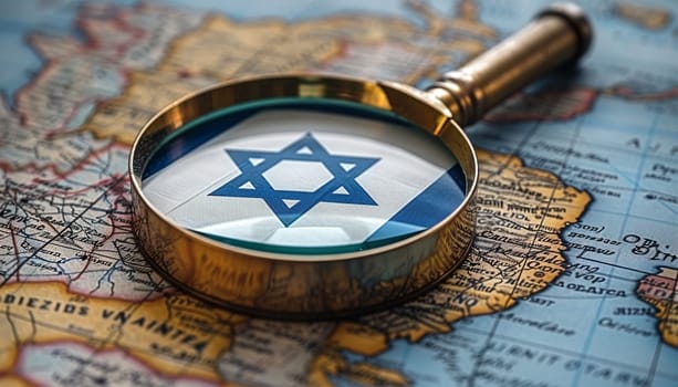 magnifying glass on map with Flag of Israel. Israel Flag Between Traveler's Accessories on Old Vintage Map. Overhead Shot Close up